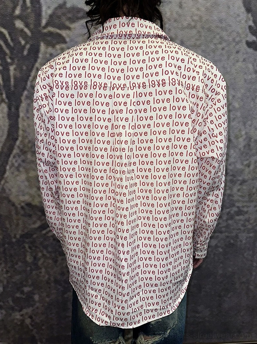 Back view of red love all-over typography long-sleeve button-up shirt with curved hem