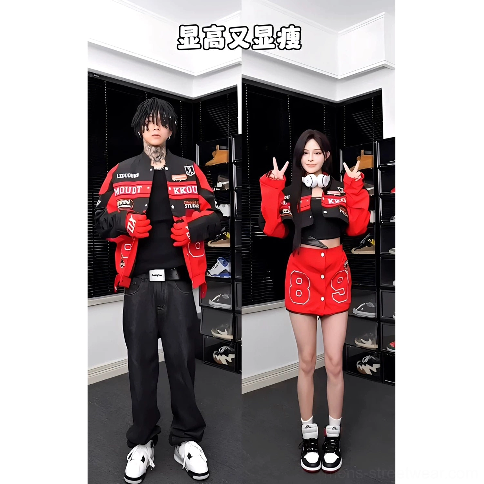 Red motorcycle racing varsity jacket product image with motorsport-inspired graphics, bold patches, and structured varsity silhouette