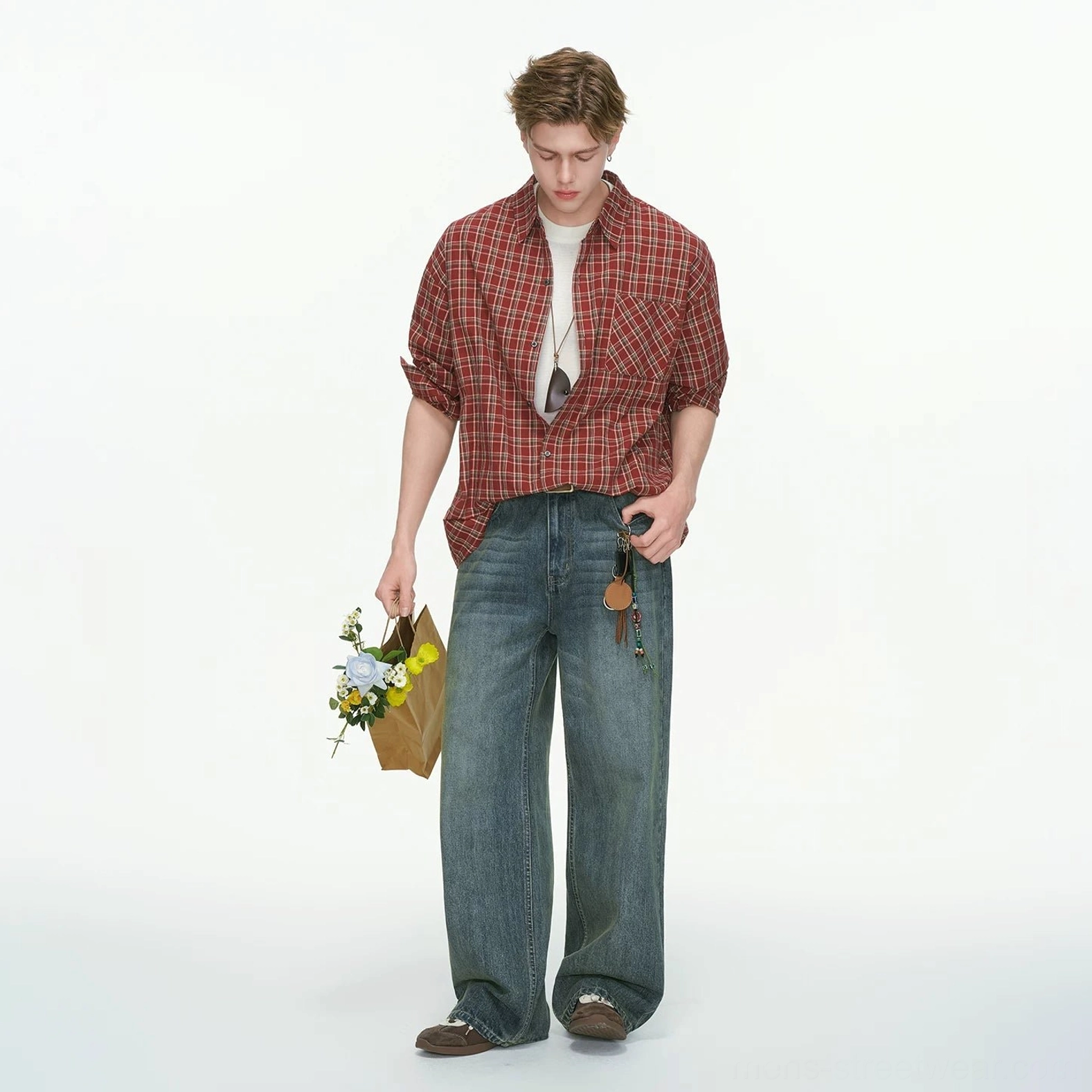 Red oversized plaid button-up shirt color option with relaxed drop-shoulder streetwear silhouette