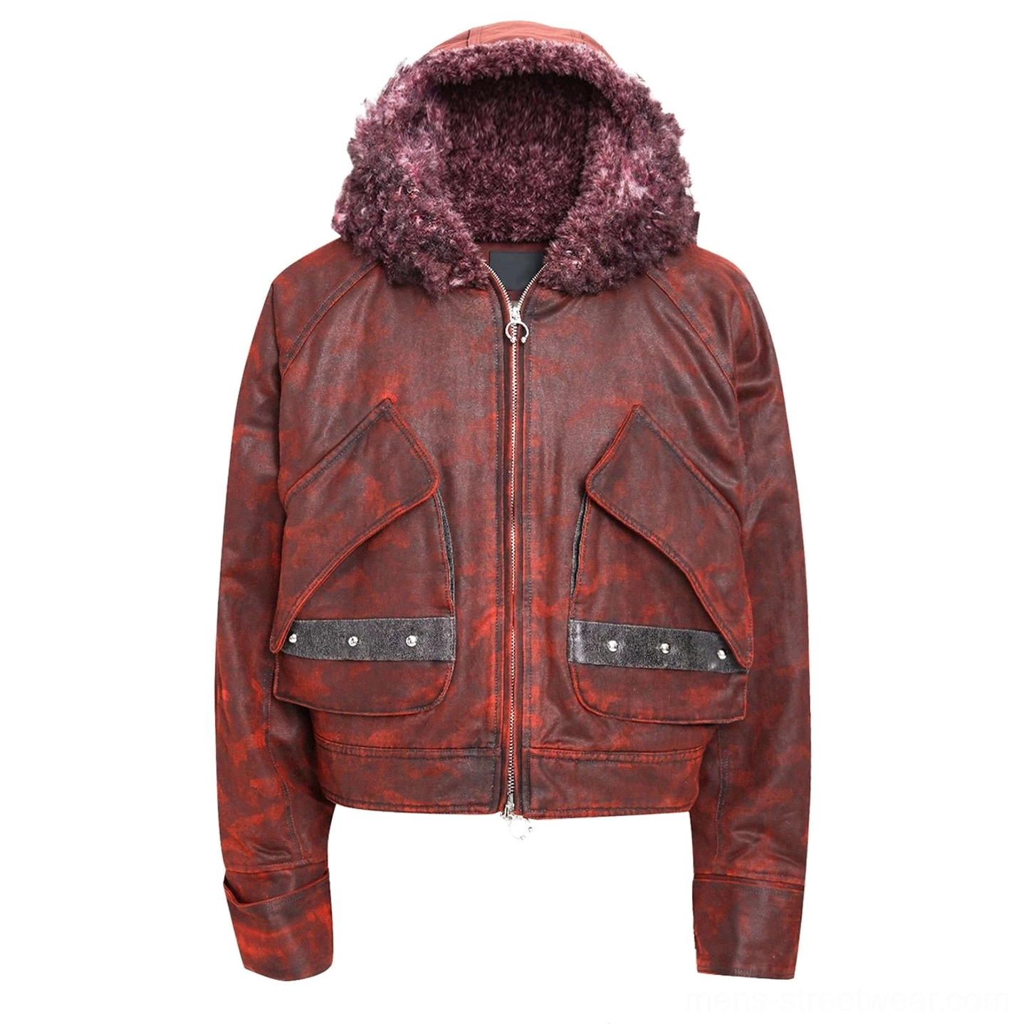 Flat lay view of reddish brown distressed camo faux shearling hooded cropped bomber jacket with burgundy curly hood, central metal zipper, angled flap pockets, and studded straps