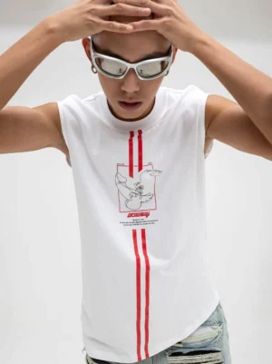 Front view of white redline cowboy graphic sleeveless streetwear tank with twin red racing stripes and crew neck