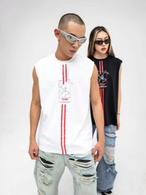 Couple wearing coordinated cowboy graphic sleeveless streetwear tanks with red stripes and distressed ripped jeans