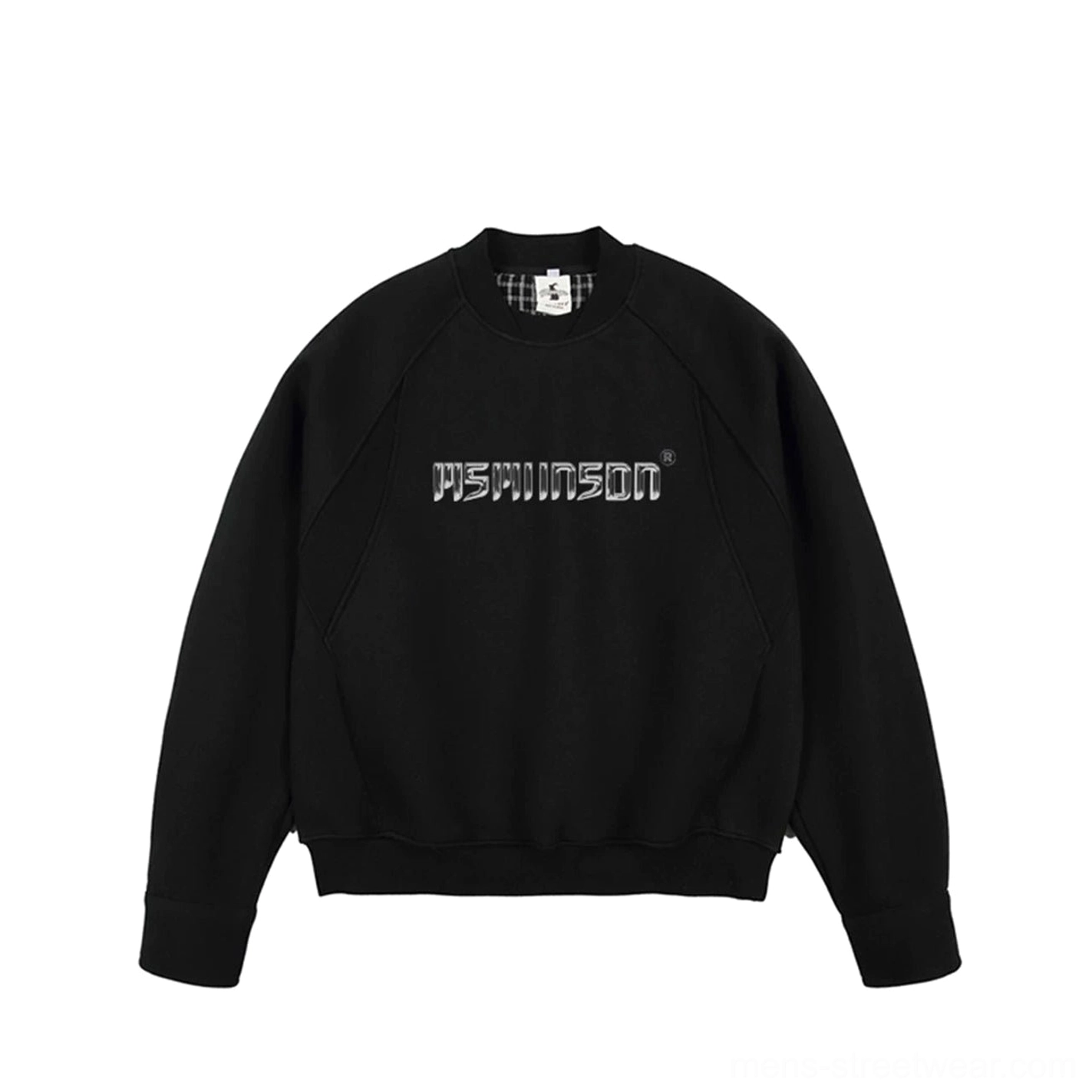Black oversized cotton raglan sweatshirt flat lay with metallic chest graphic ribbed trims and checked cuff lining