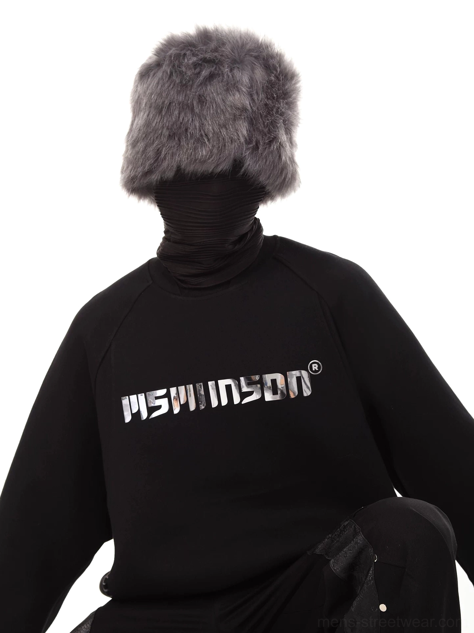 Oversized black cotton crewneck sweatshirt with silver metallic logo print and relaxed raglan sleeve fit