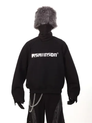 Black oversized raglan crewneck sweatshirt with metallic reflective chest logo styled in a Seoul streetwear outfit