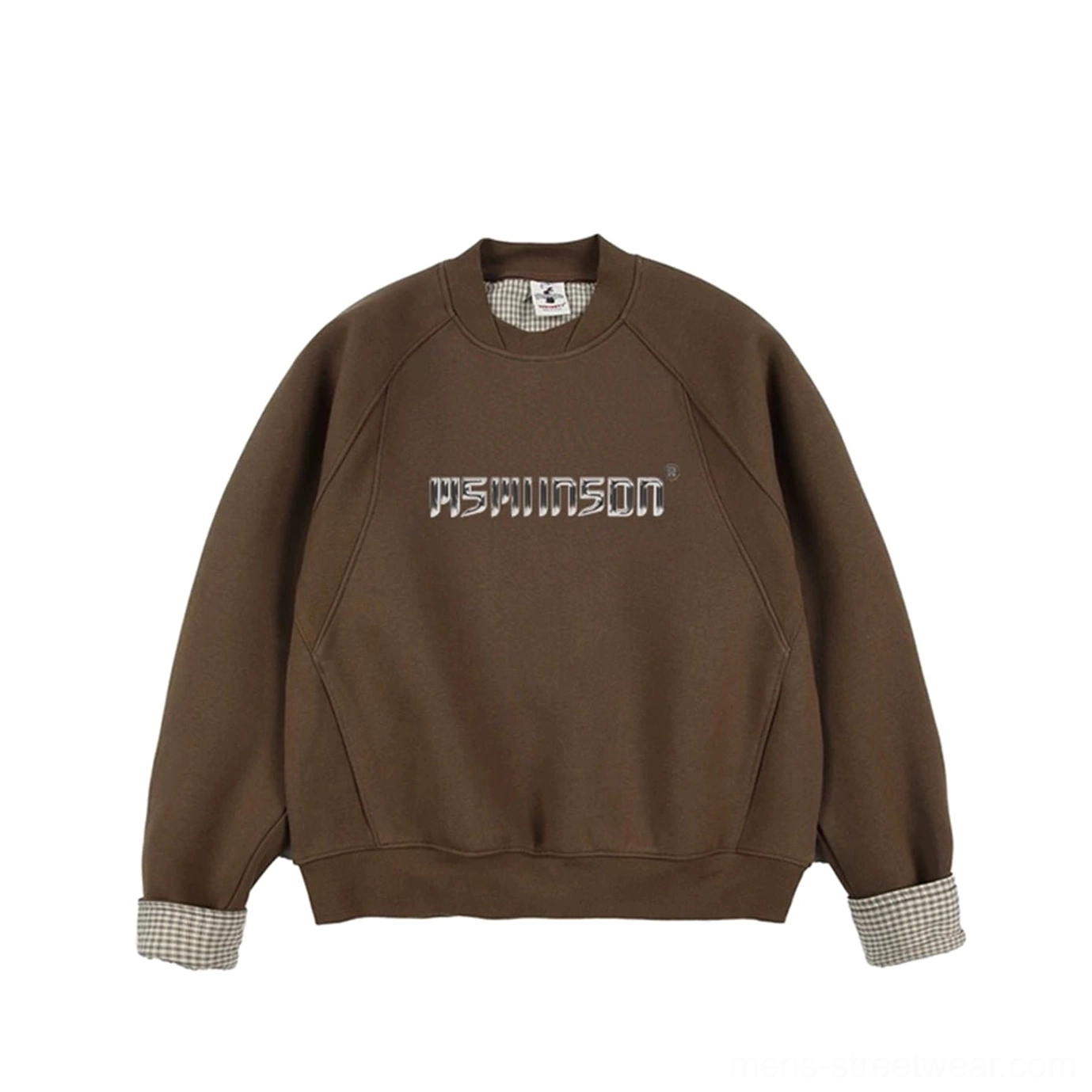 Dark brown oversized cotton raglan sweatshirt with reflective metallic chest logo and ribbed crewneck
