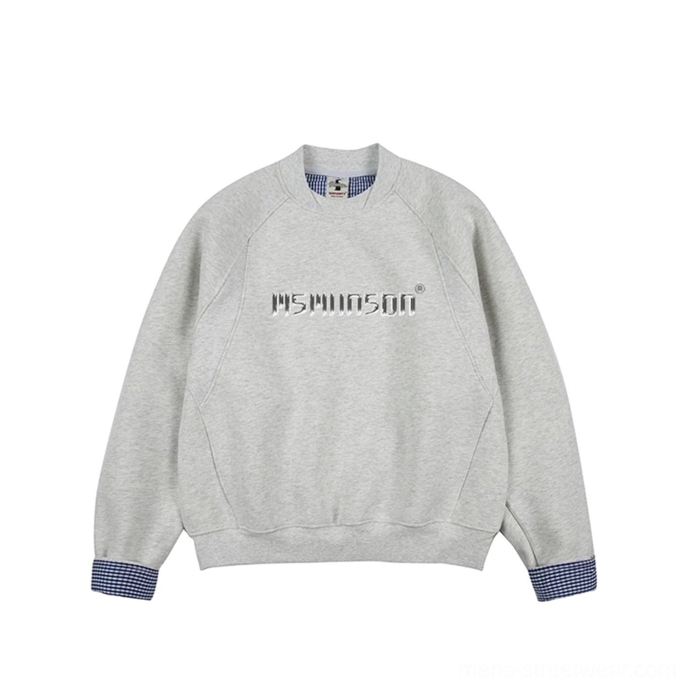 Heather gray oversized crewneck sweatshirt with metallic logo graphic and checked plaid cuff lining detail