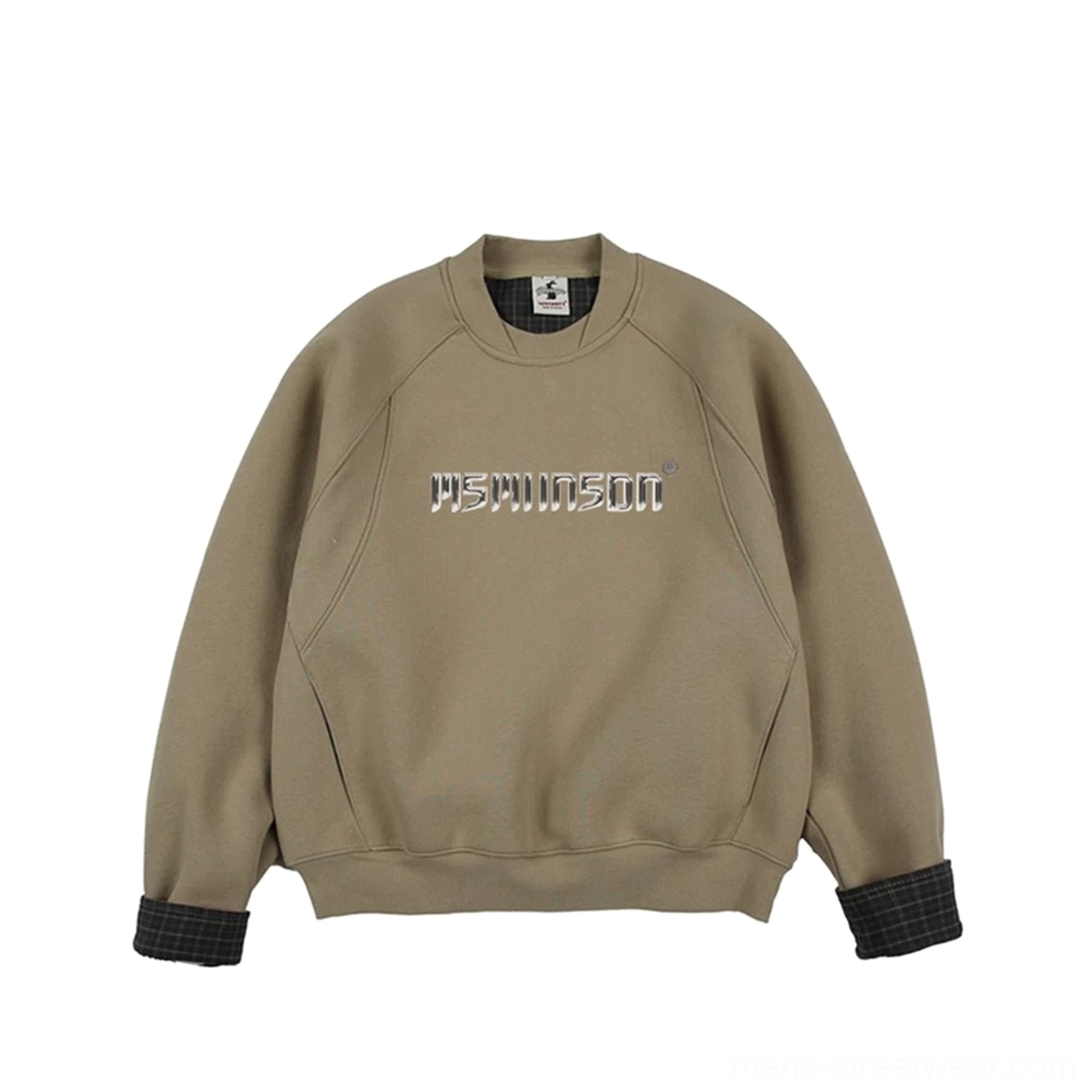 Khaki oversized raglan crewneck sweatshirt with silver metallic logo print and checked cuff lining