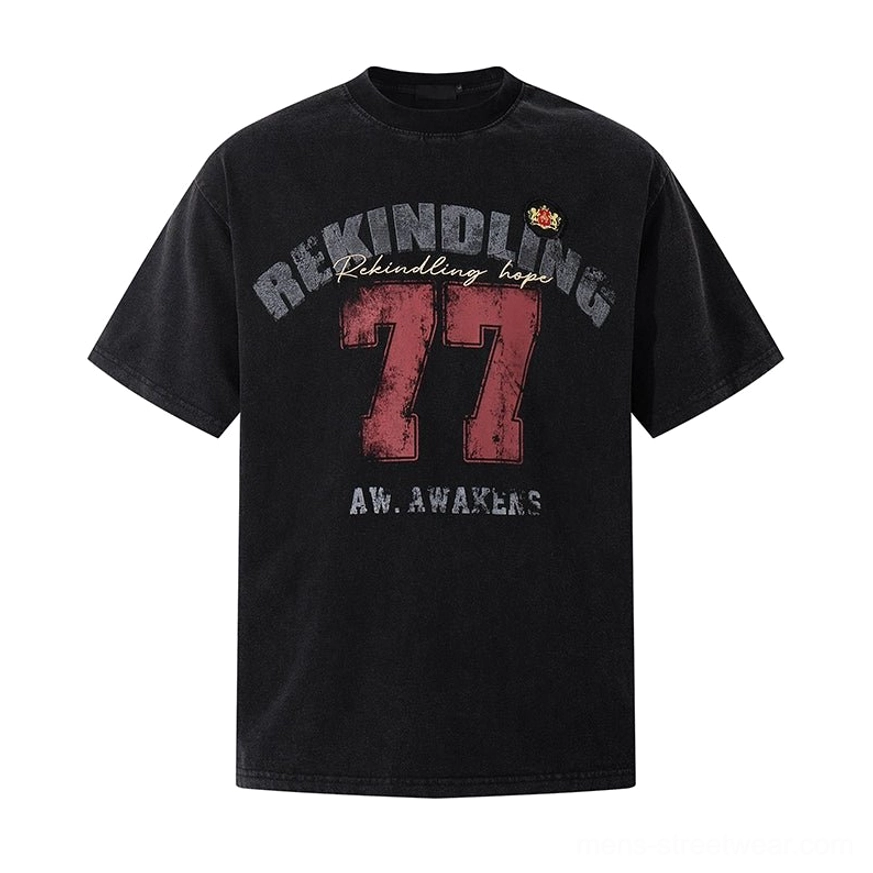 Black Rekindling 77 distressed graphic oversized cotton T-shirt colorway for modern Korean streetwear outfits