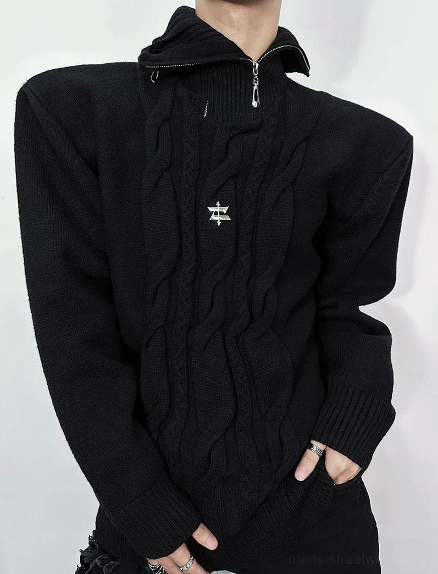 Relaxed Acubi-inspired cable knit turtleneck sweater for monochrome outfits, cargo pants, and wide-leg trousers