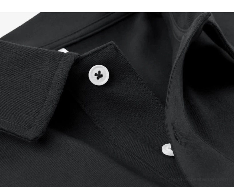 Relaxed boxy men's polo shirt with smooth cotton polyester knit, understated workwear pocket, and modern Seoul fashion appeal
