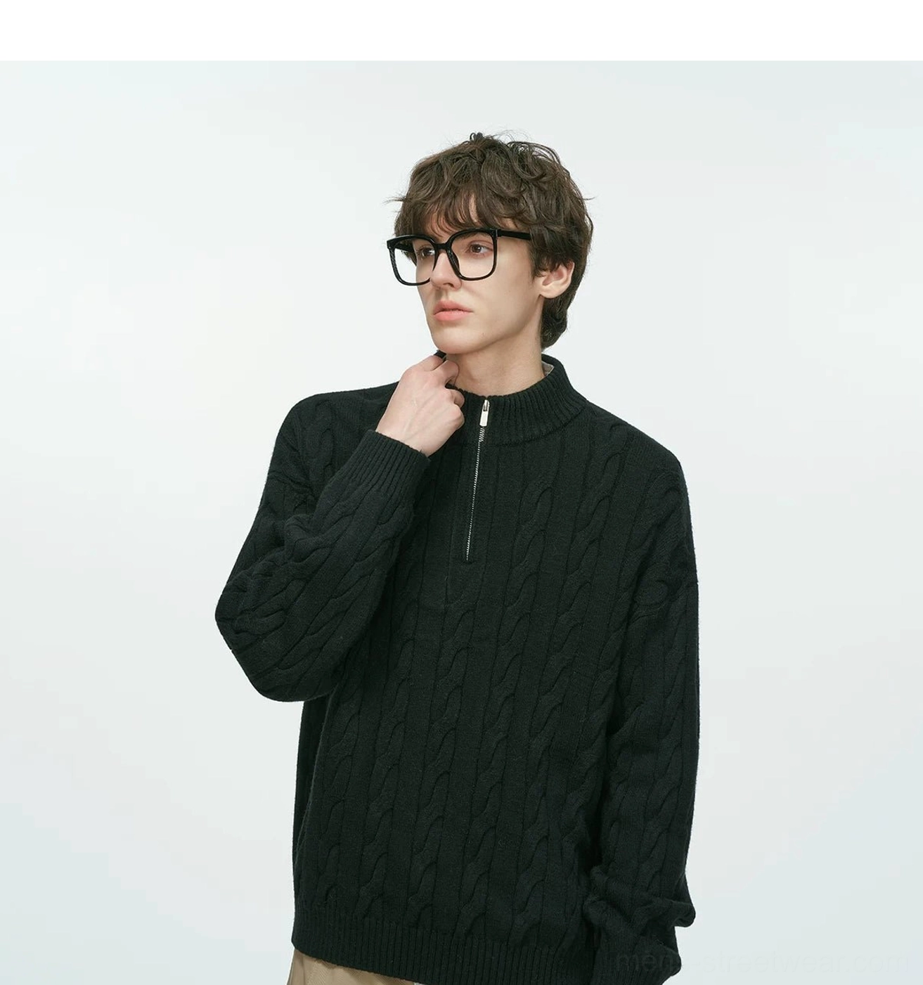 Relaxed cable-knit half-zip sweater designed for layered East Asian streetwear outfits and everyday casual styling