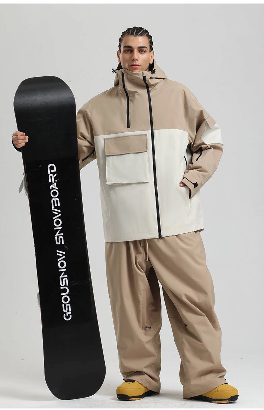 Relaxed fit colorblock winter jacket for snowboarding and city streetwear with adjustable hood, two way zipper, and practical storage