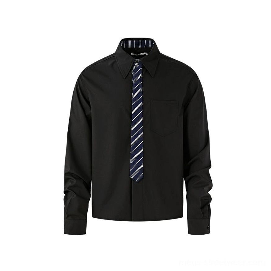 Relaxed contrast collar button-down shirt and tie set suitable for minimalist black and white streetwear looks