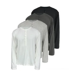 Four neutral color options of long sleeve Henley tees displayed from the front in black dark gray heather gray and white