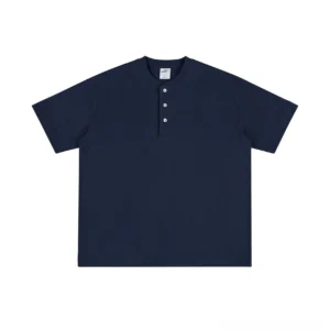 Navy blue relaxed cotton Henley T-shirt front view with boxy Korean streetwear fit and three-button placket