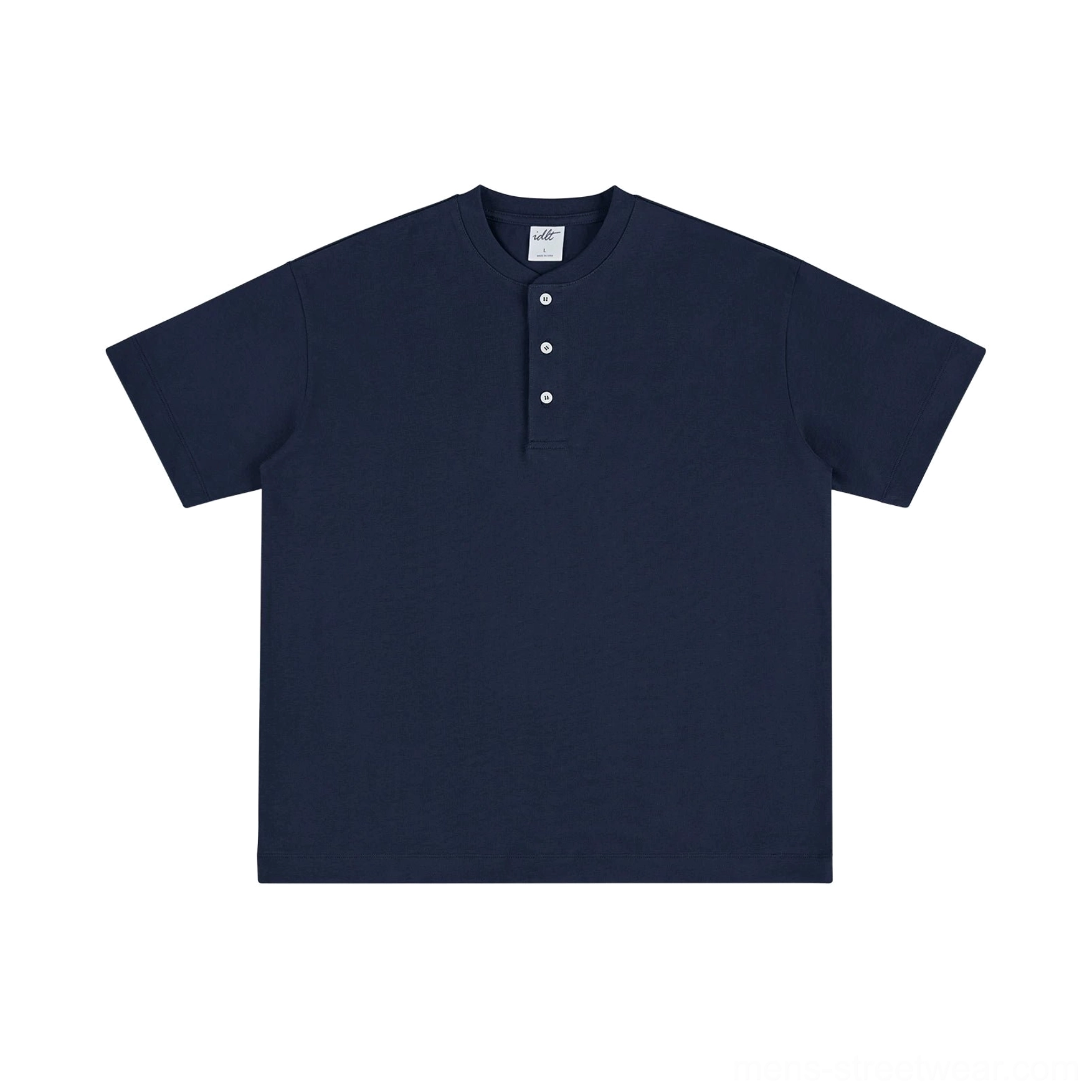Navy blue relaxed cotton Henley T-shirt front view with boxy Korean streetwear fit and three-button placket
