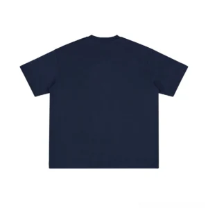 Navy blue cotton Henley T-shirt back view showing clean straight hem and relaxed short-sleeve streetwear silhouette