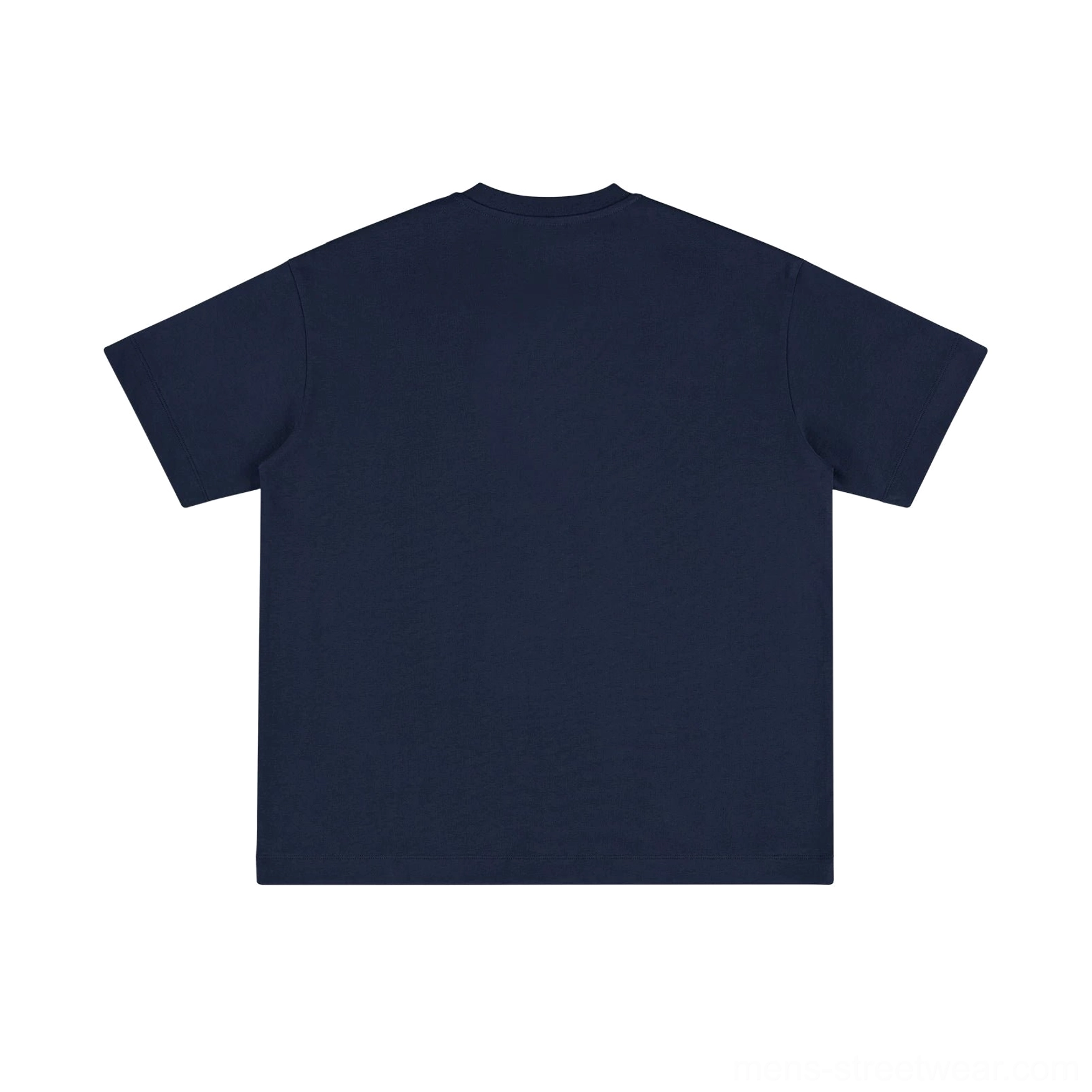 Navy blue cotton Henley T-shirt back view showing clean straight hem and relaxed short-sleeve streetwear silhouette