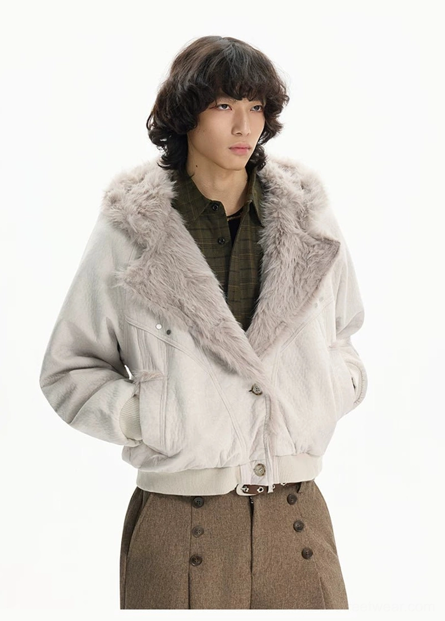 Relaxed cropped faux fur jacket with plush lapel trim and modern Korean streetwear silhouette