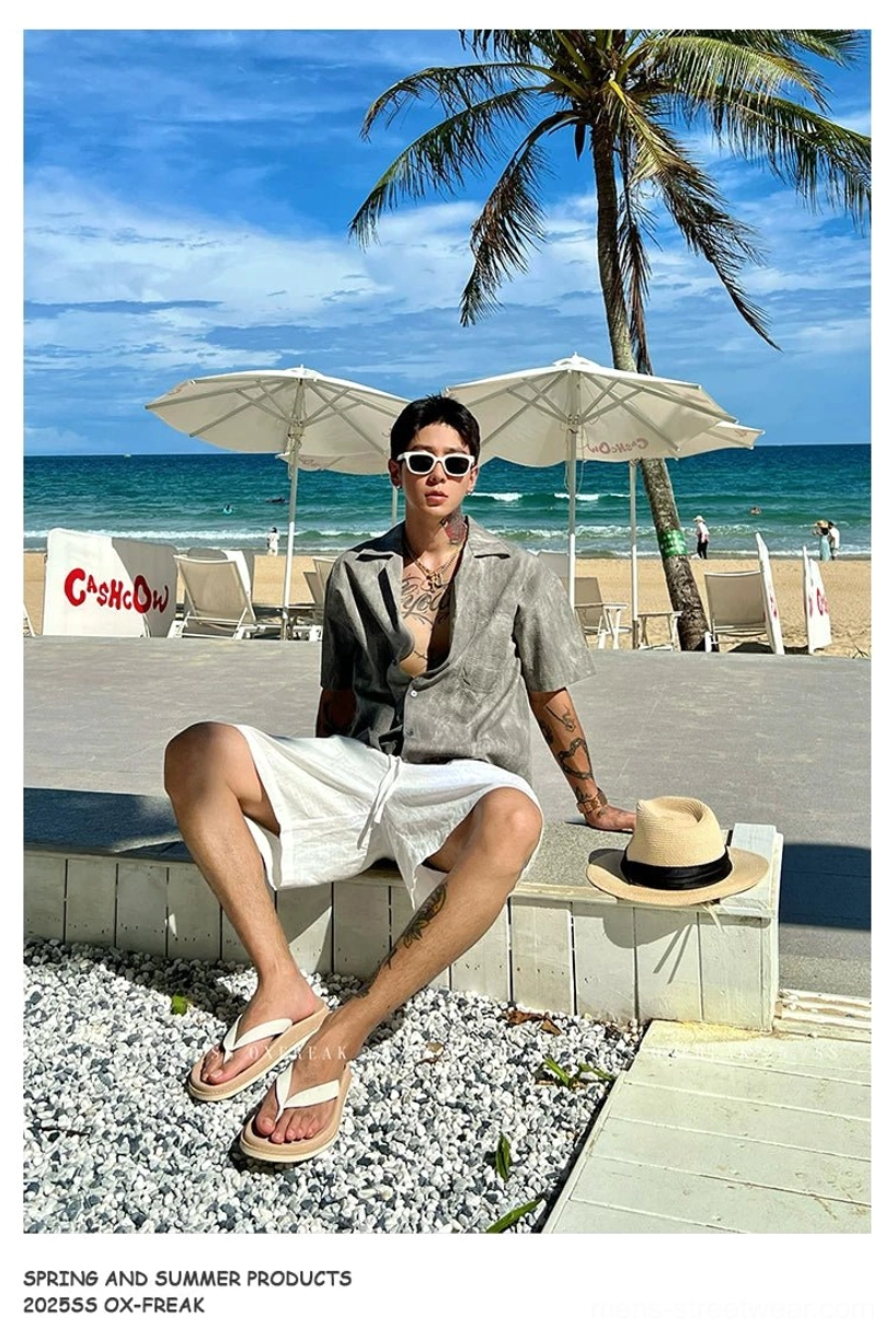 Relaxed Cuban collar seersucker shirt product image highlighting the short sleeves button front and crinkled texture
