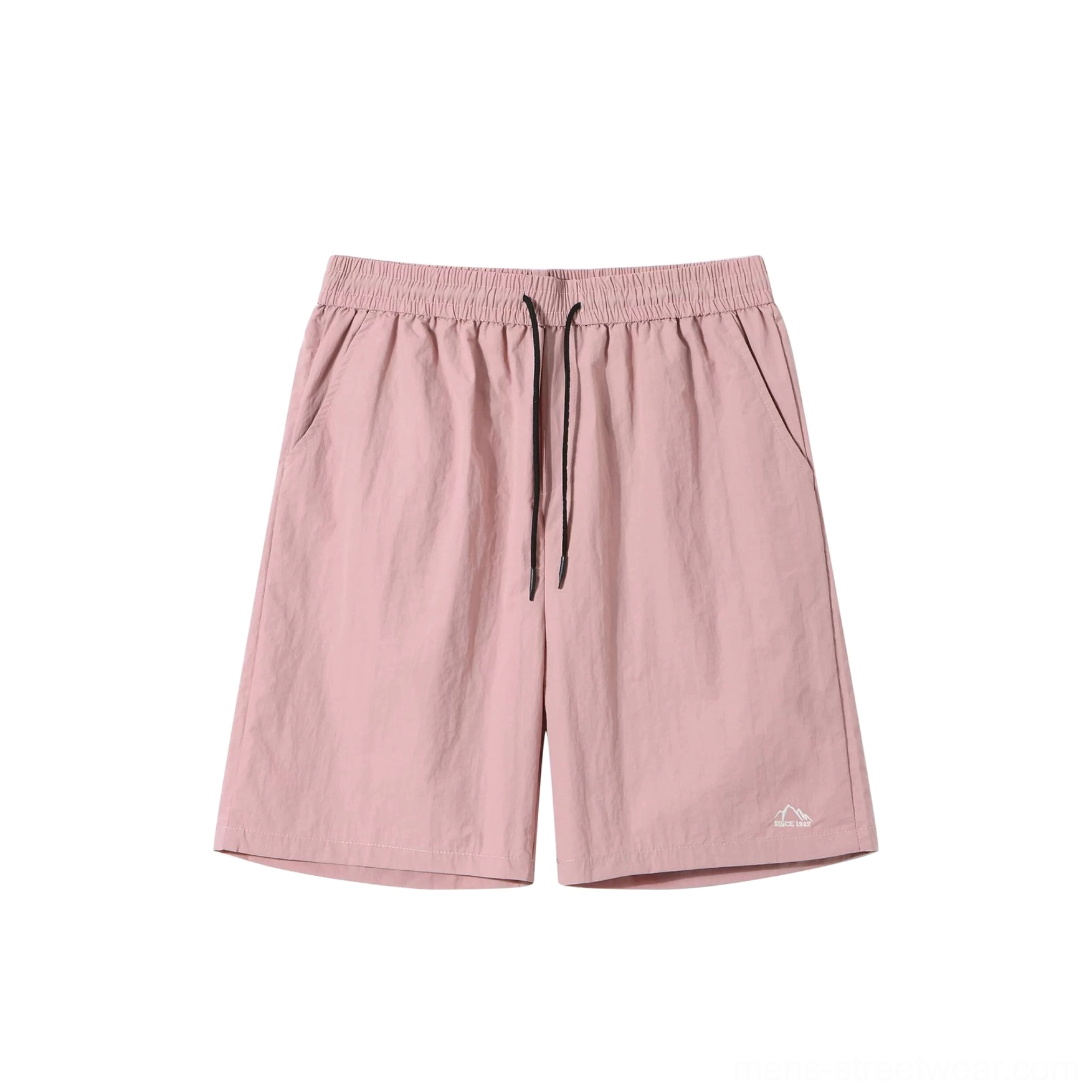 Dusty pink polyester drawstring streetwear shorts flat lay showing elastic waistband side pockets and embroidered hem logo