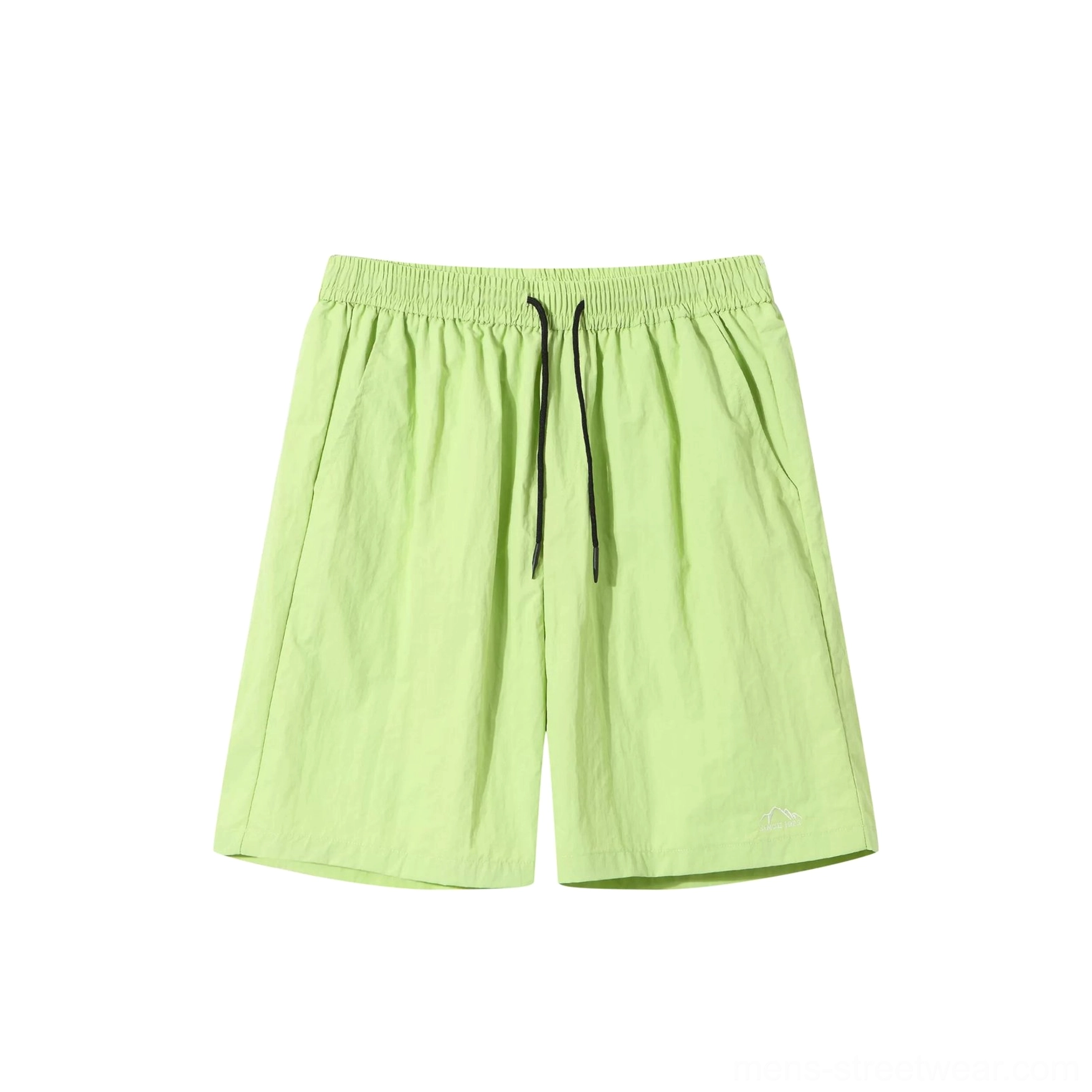 Neon lime green relaxed elastic waist streetwear shorts flat lay with drawstring side pockets and embroidered mountain logo
