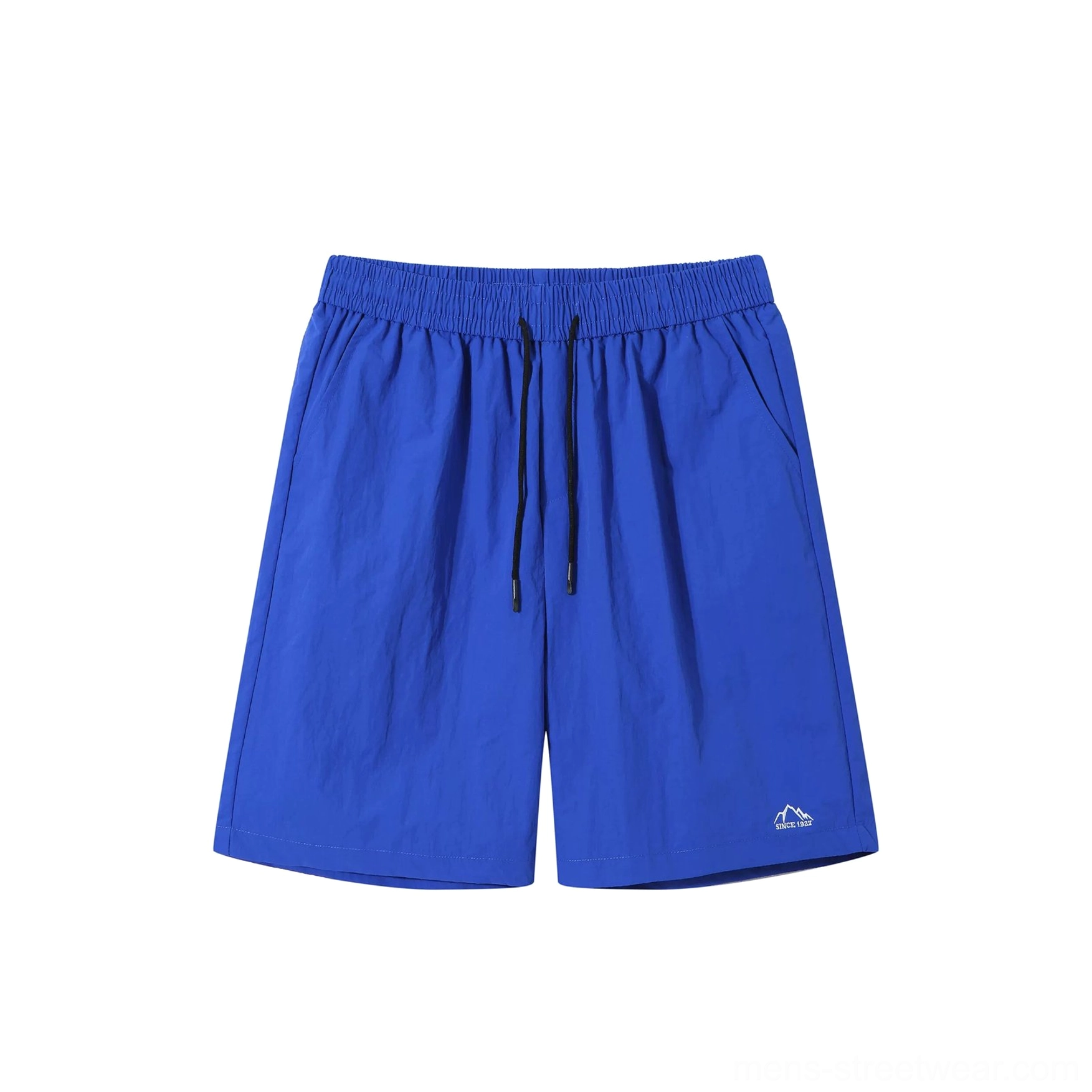 Royal blue relaxed drawstring polyester streetwear shorts flat lay with wide-leg silhouette and mountain embroidery