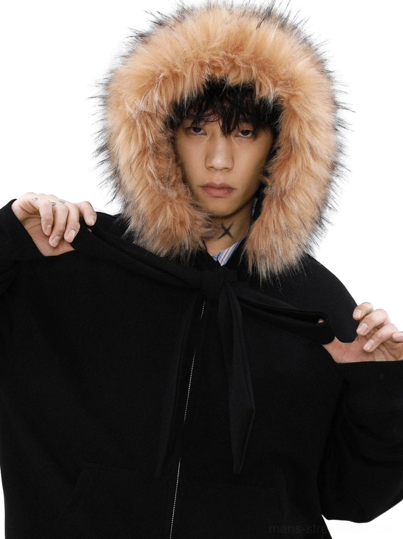 Relaxed faux fur hood zip-up hoodie with soft trim and front pouch pockets for layered streetwear outfits