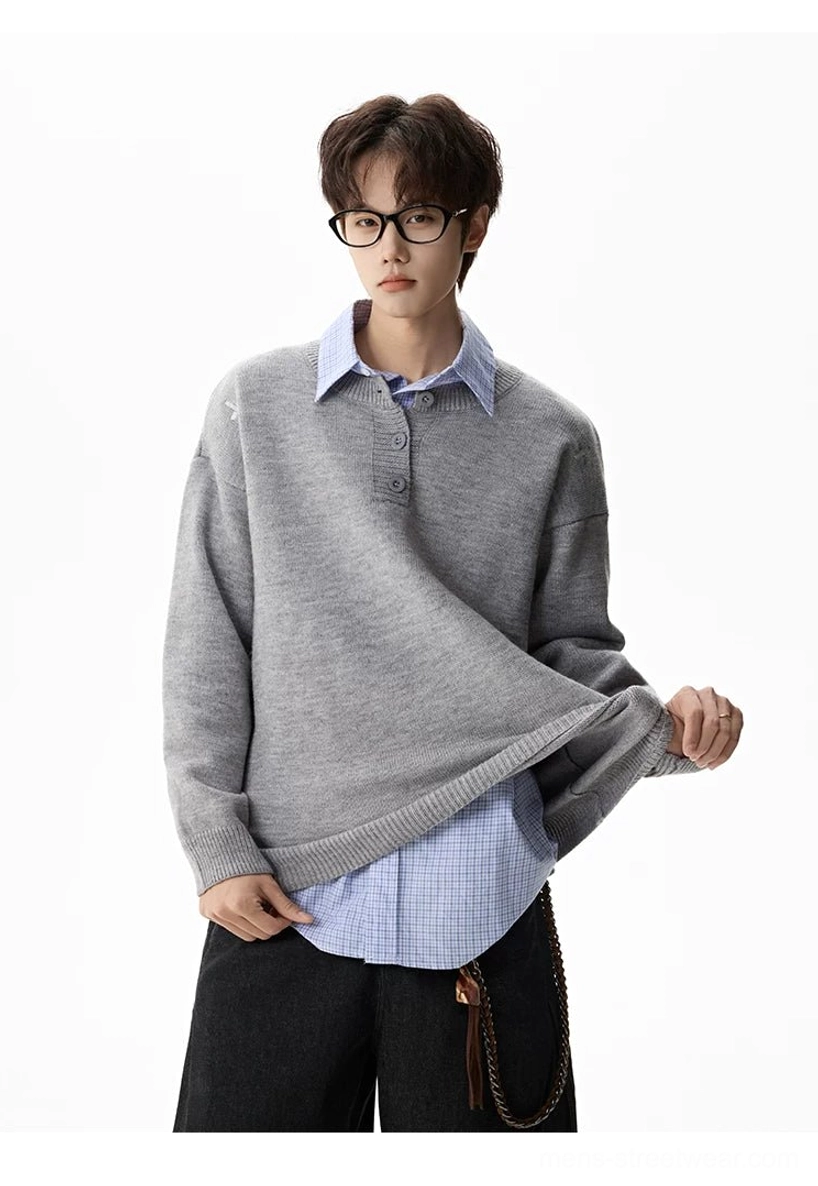 Relaxed fit henley knit sweater with subtle shoulder embroidery, soft texture, and versatile minimalist streetwear design