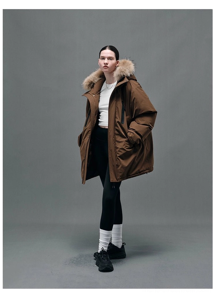 Relaxed fit hooded down jacket coat with high protective collar, adjustable hood and generous layered silhouette