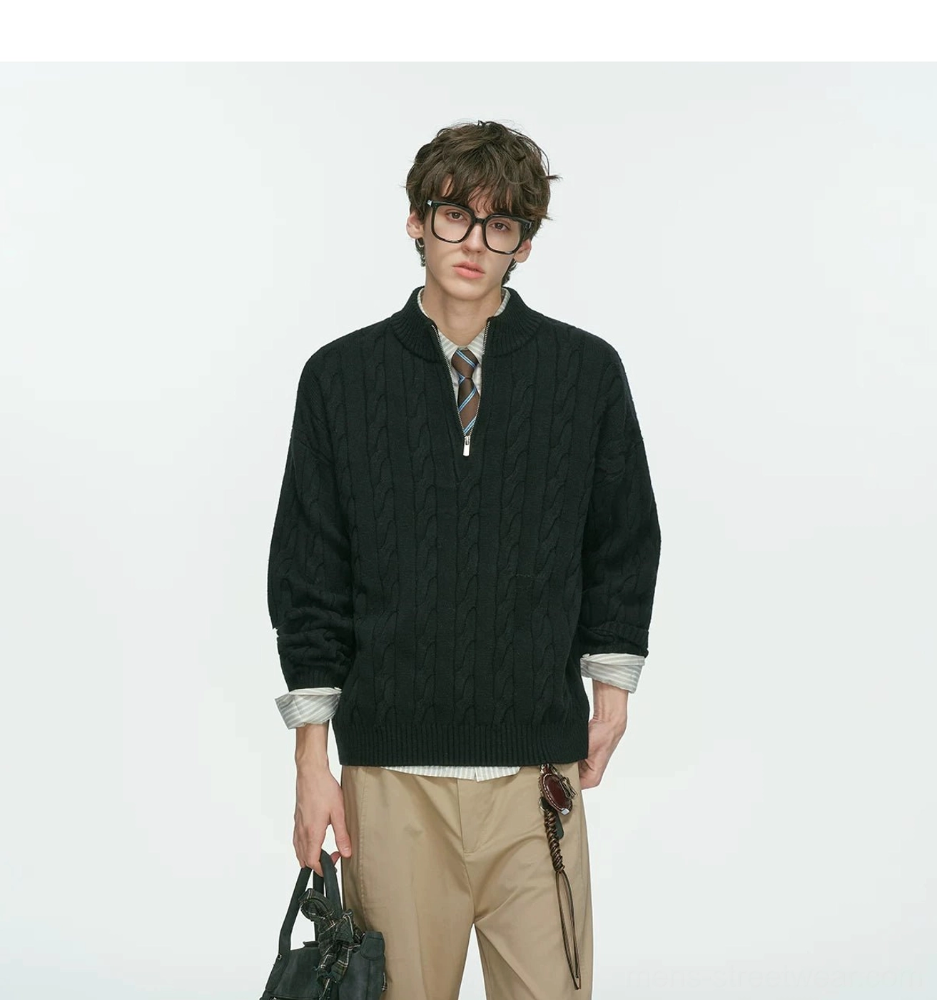 Additional view of a relaxed fit men’s cable knit sweater with a half-zip neckline