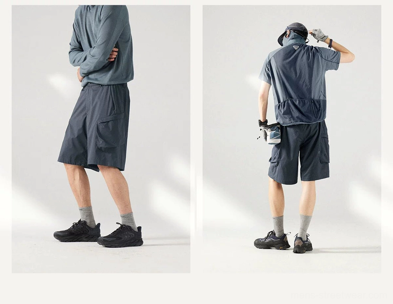 Relaxed fit outdoor cargo shorts for men designed for city walks, travel, hiking, and everyday Korean casual fashion