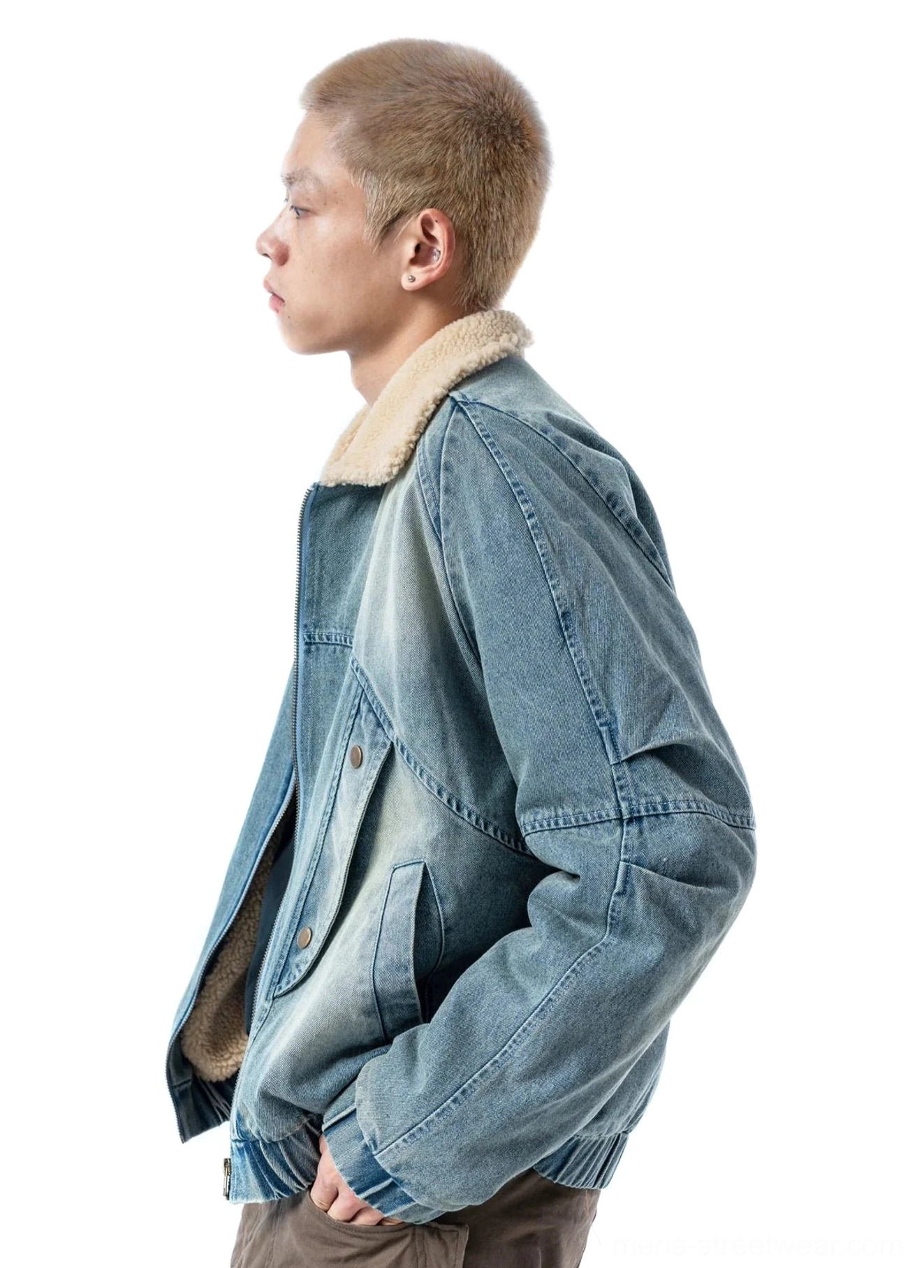 Relaxed fit sherpa collar denim bomber jacket left profile showing oversized Korean streetwear silhouette