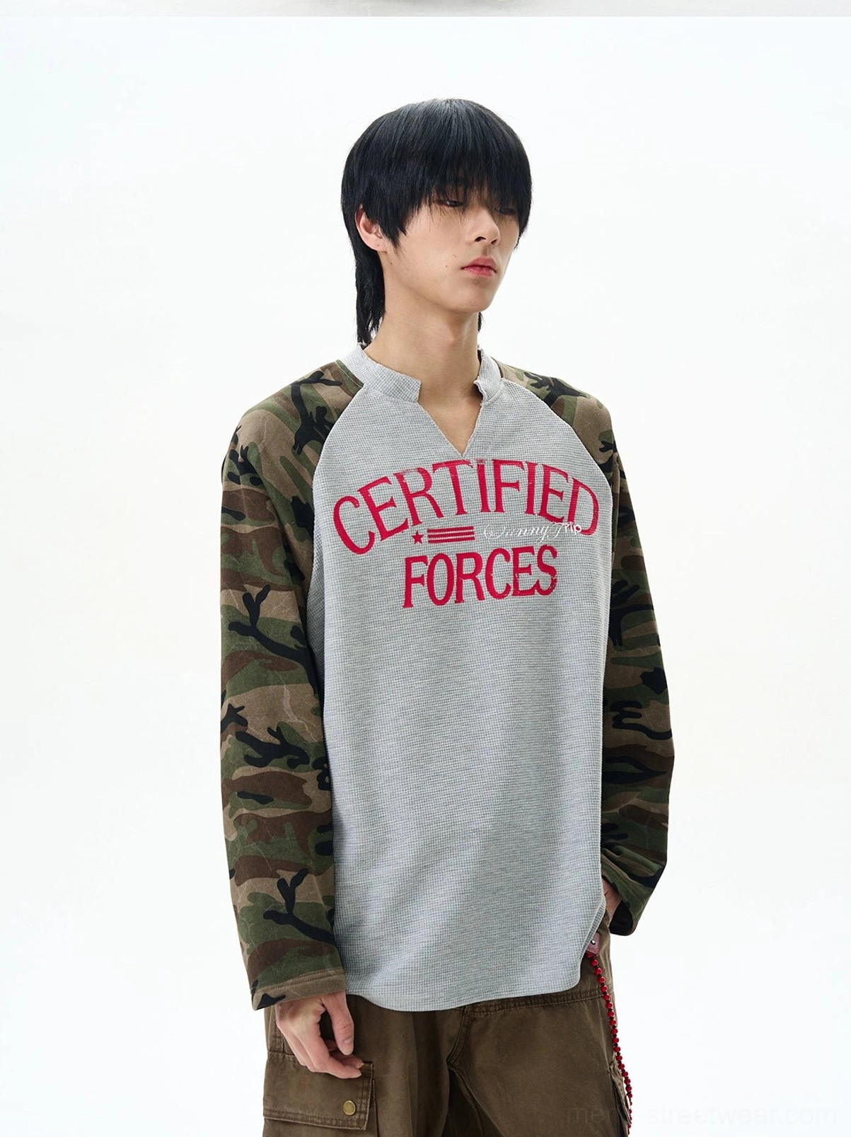 Relaxed fit gray waffle knit henley shirt with red certified forces graphic and camo sleeves