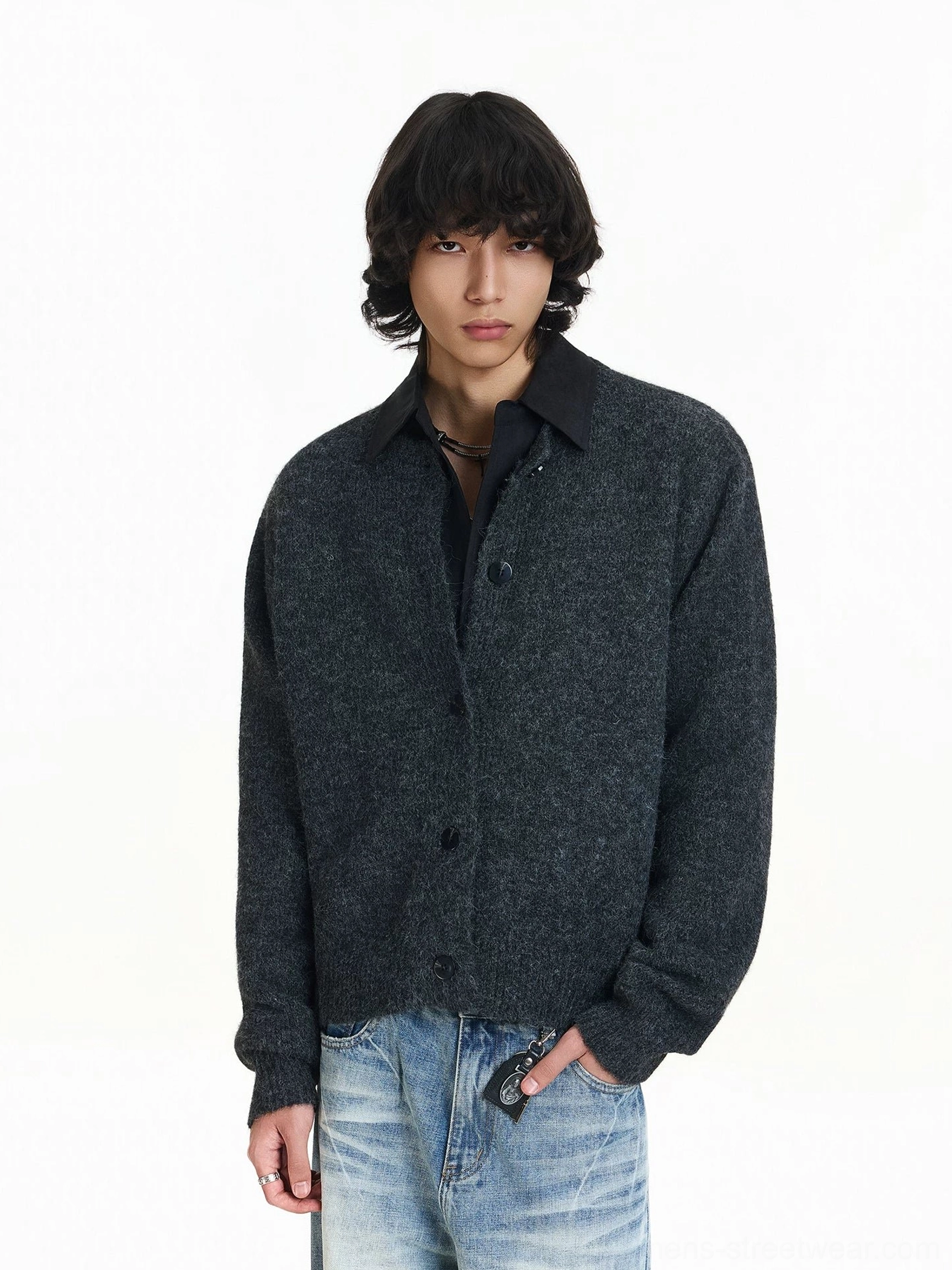 Relaxed heather gray polo collar cardigan with ribbed cuffs hem and button closure for modern casual streetwear