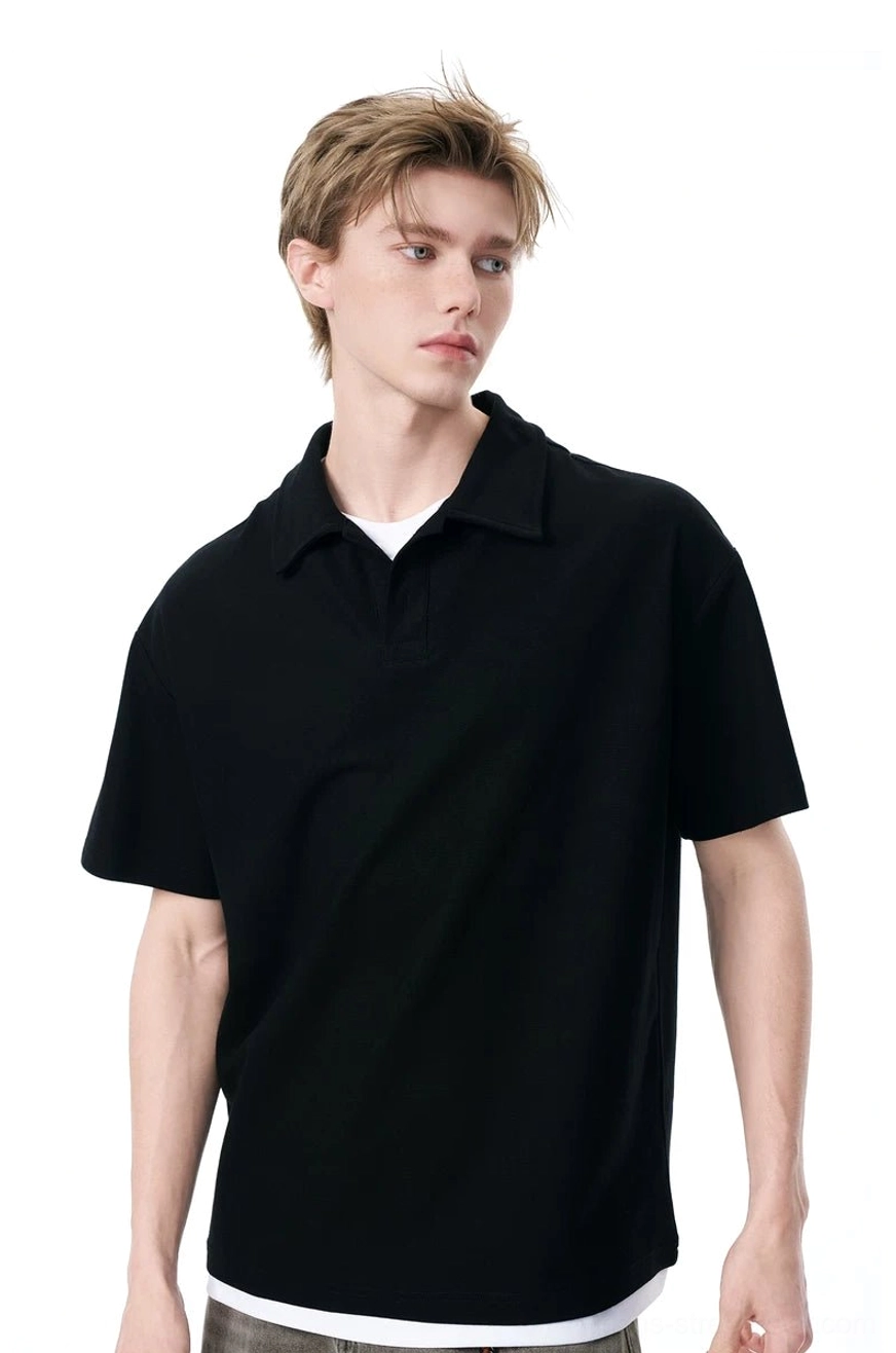 Relaxed knit polo shirt with boxy Seoul streetwear fit and minimalist everyday styling