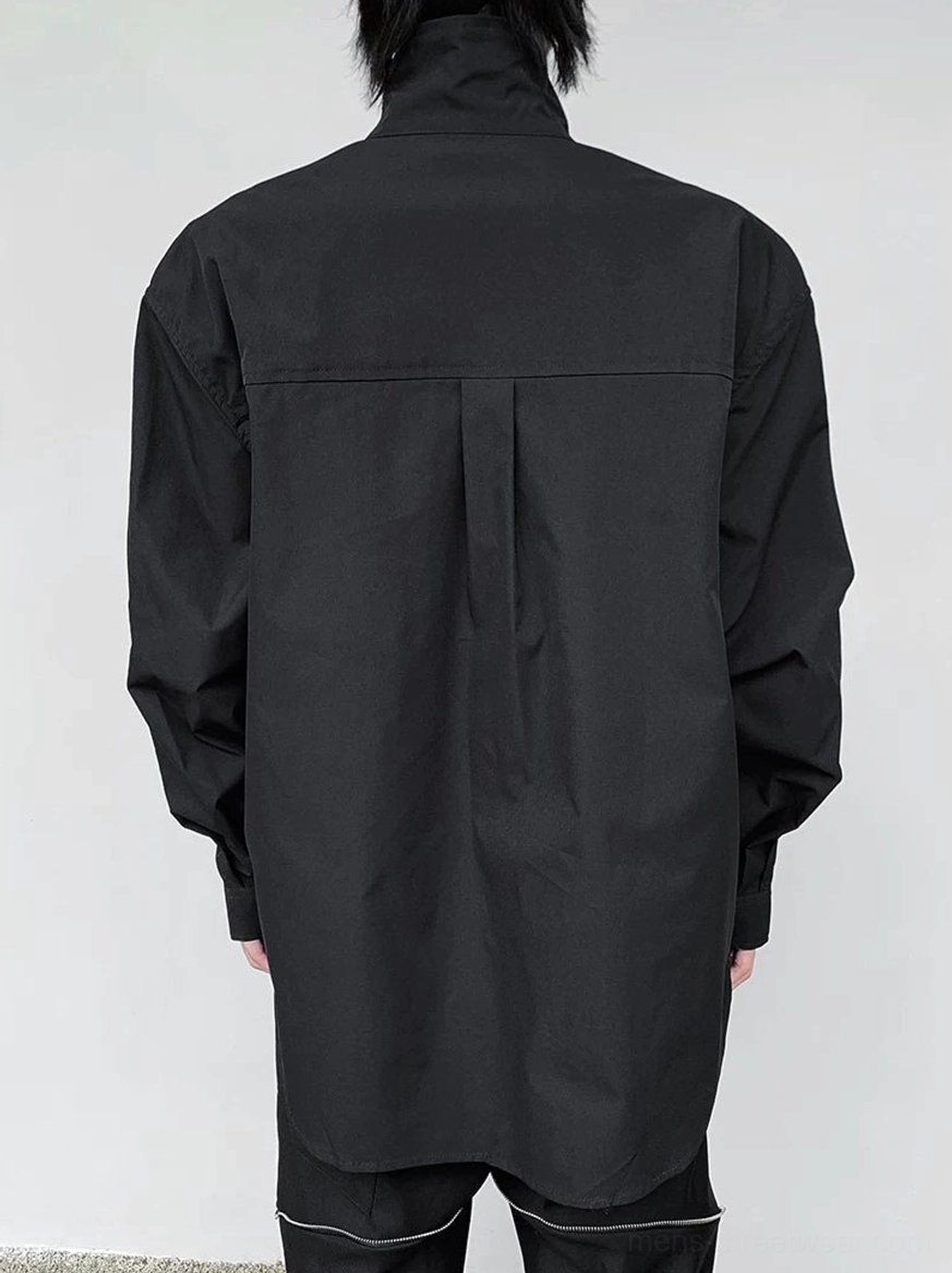 Relaxed Korean streetwear shirt jacket with smooth stretch fabric and full front zipper design