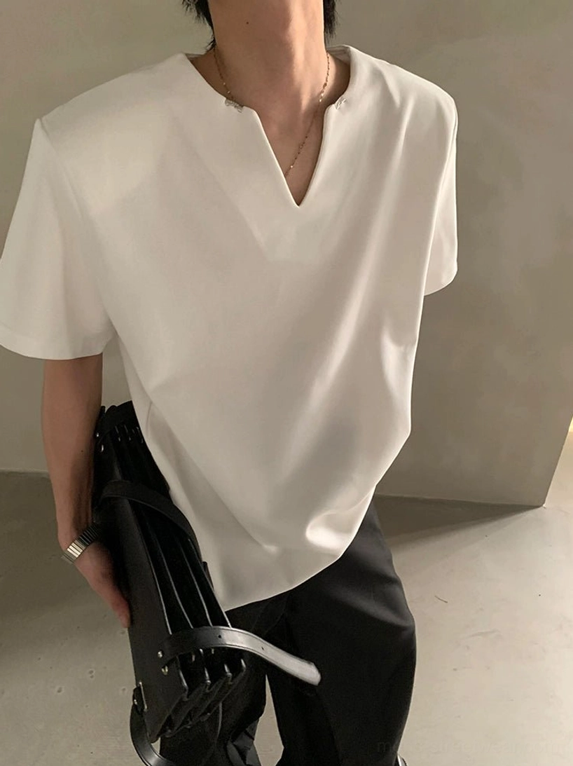Relaxed Korean streetwear shirt featuring a refined V-notch neckline, smooth drape fabric, and clean understated styling