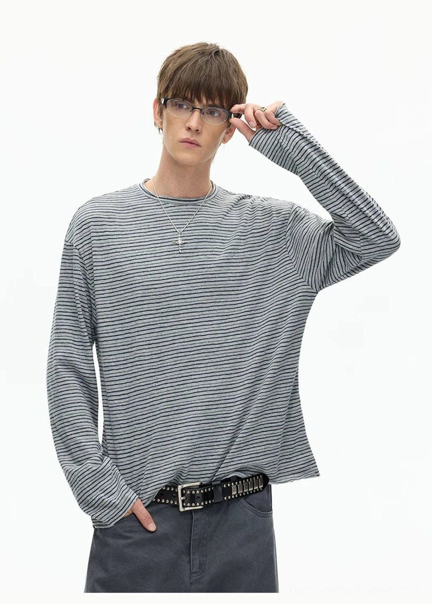 Relaxed layered long sleeve tee with fine contrast stripes and versatile East Asian streetwear design