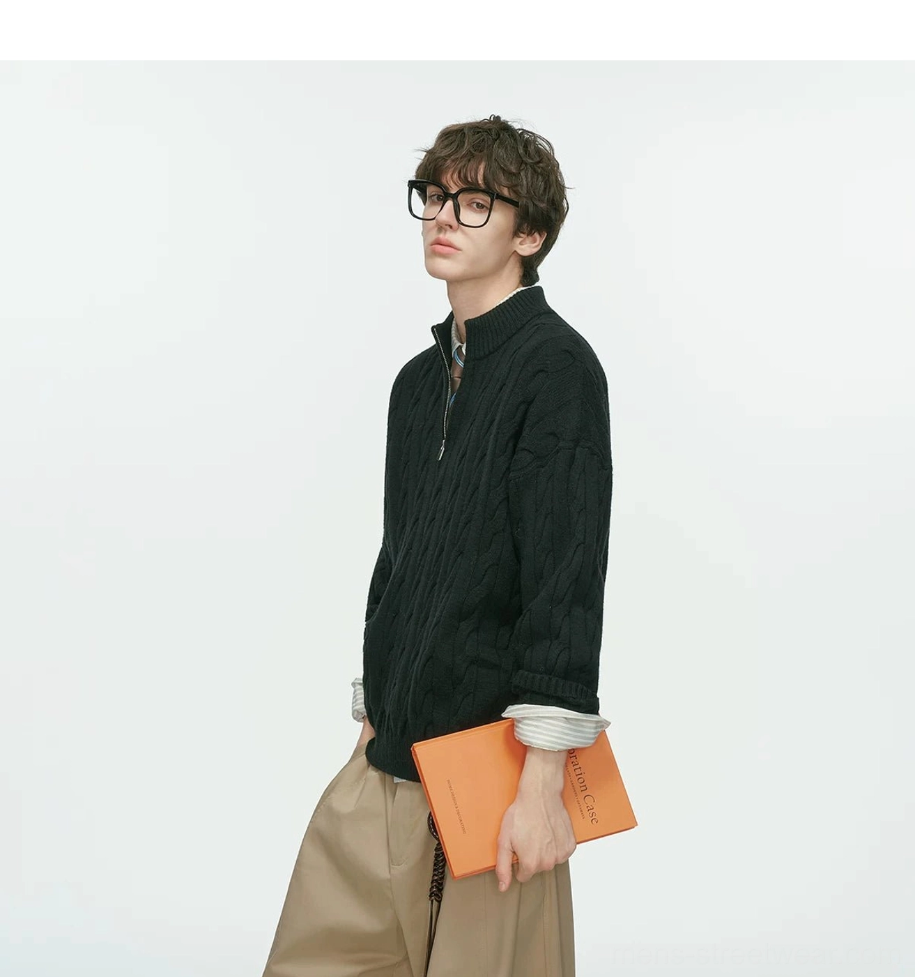 Additional product view of the relaxed men’s half-zip cable knit sweater