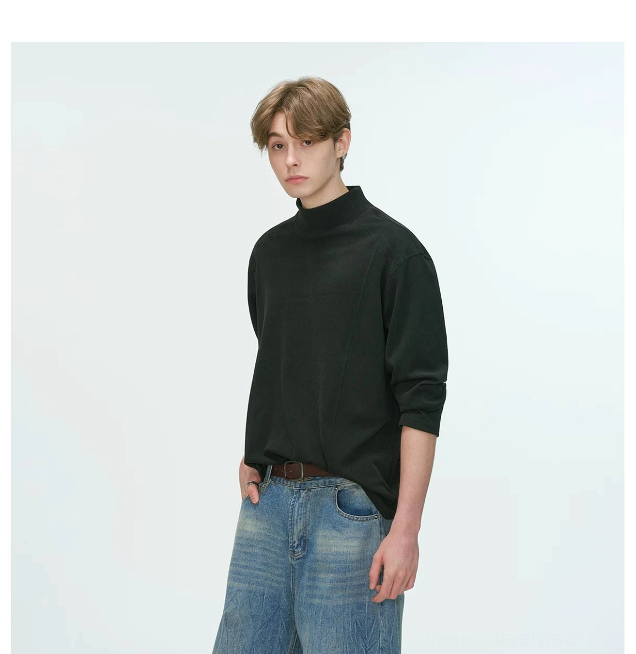Relaxed men's mock neck top with long sleeves and softly structured fabric for modern Korean minimalist fashion