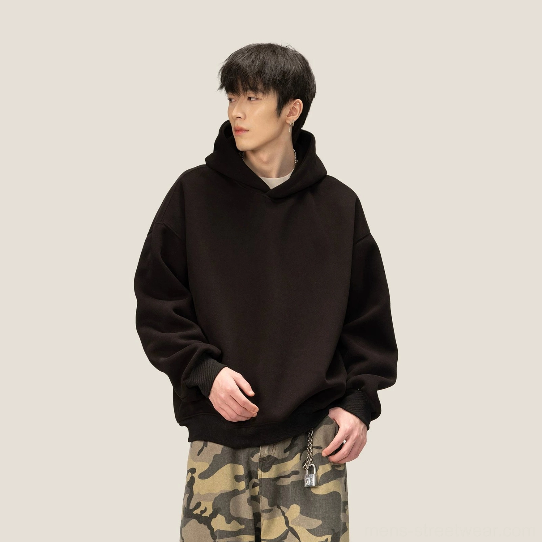 Relaxed oversized fleece hoodie designed for wide-leg trousers cargo pants and layered streetwear styling