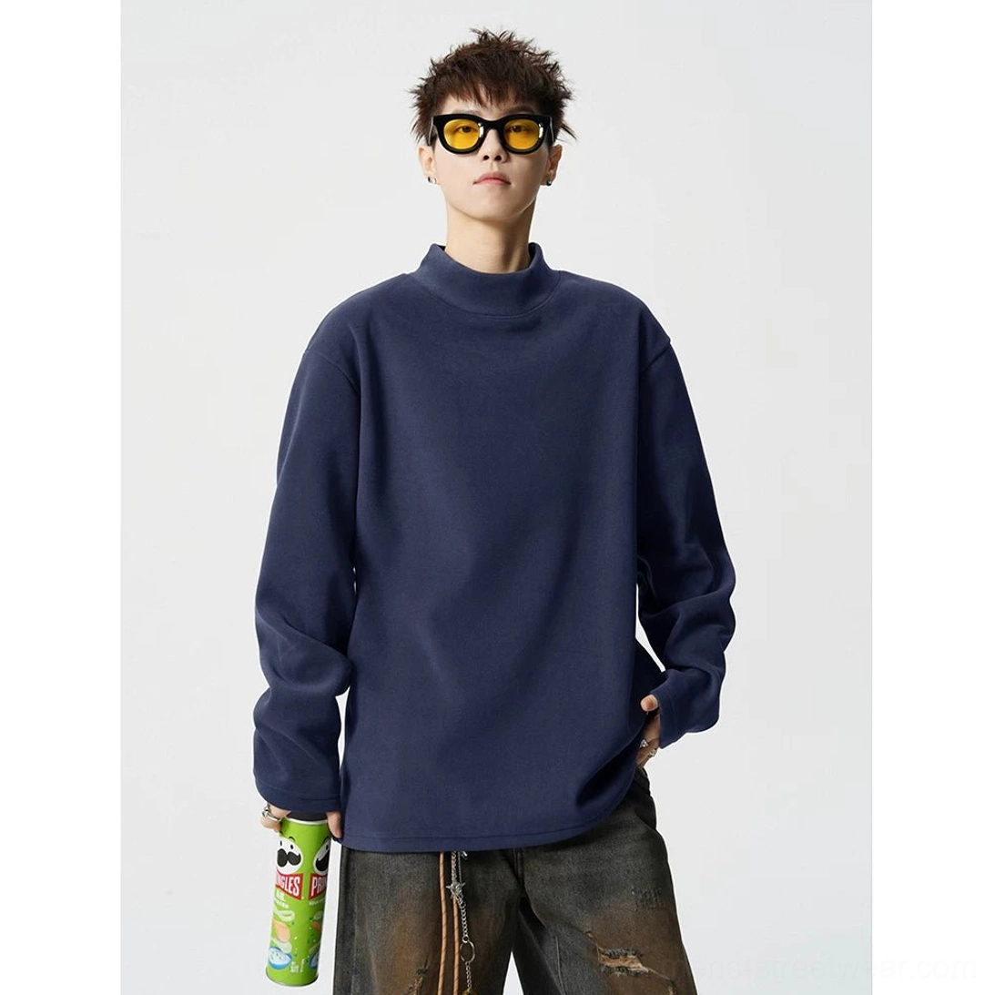 Relaxed oversized mock neck fleece pullover for Korean streetwear and modern everyday layering