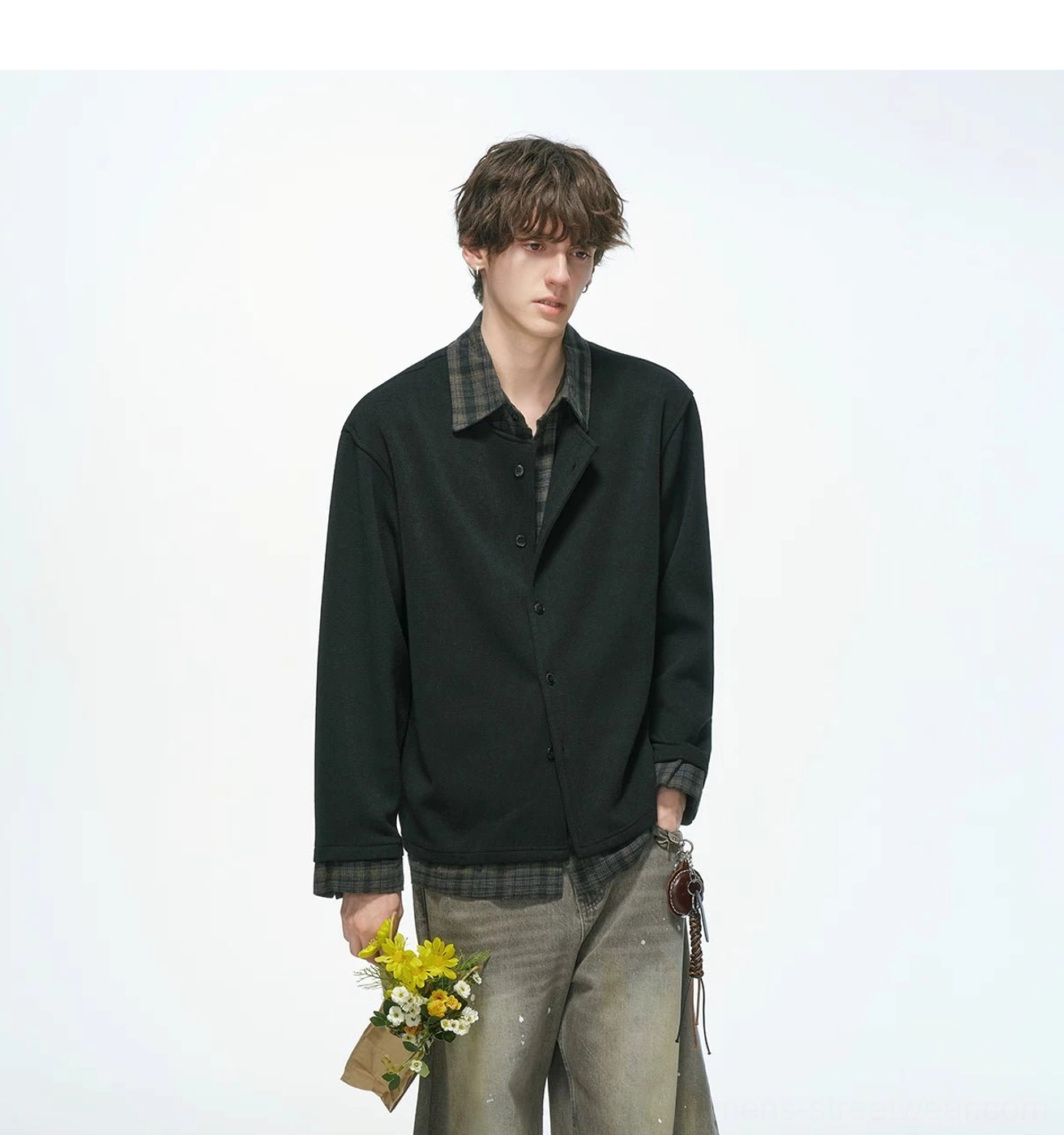 Relaxed plaid collar knit overshirt jacket with a casual two-piece appearance and modern streetwear styling