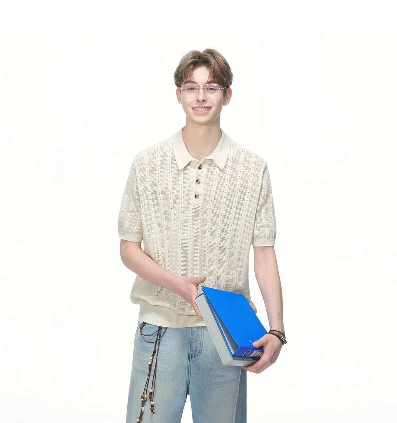 Relaxed short-sleeve pointelle knit polo shirt featuring a classic collar, button placket, and vertical knit texture