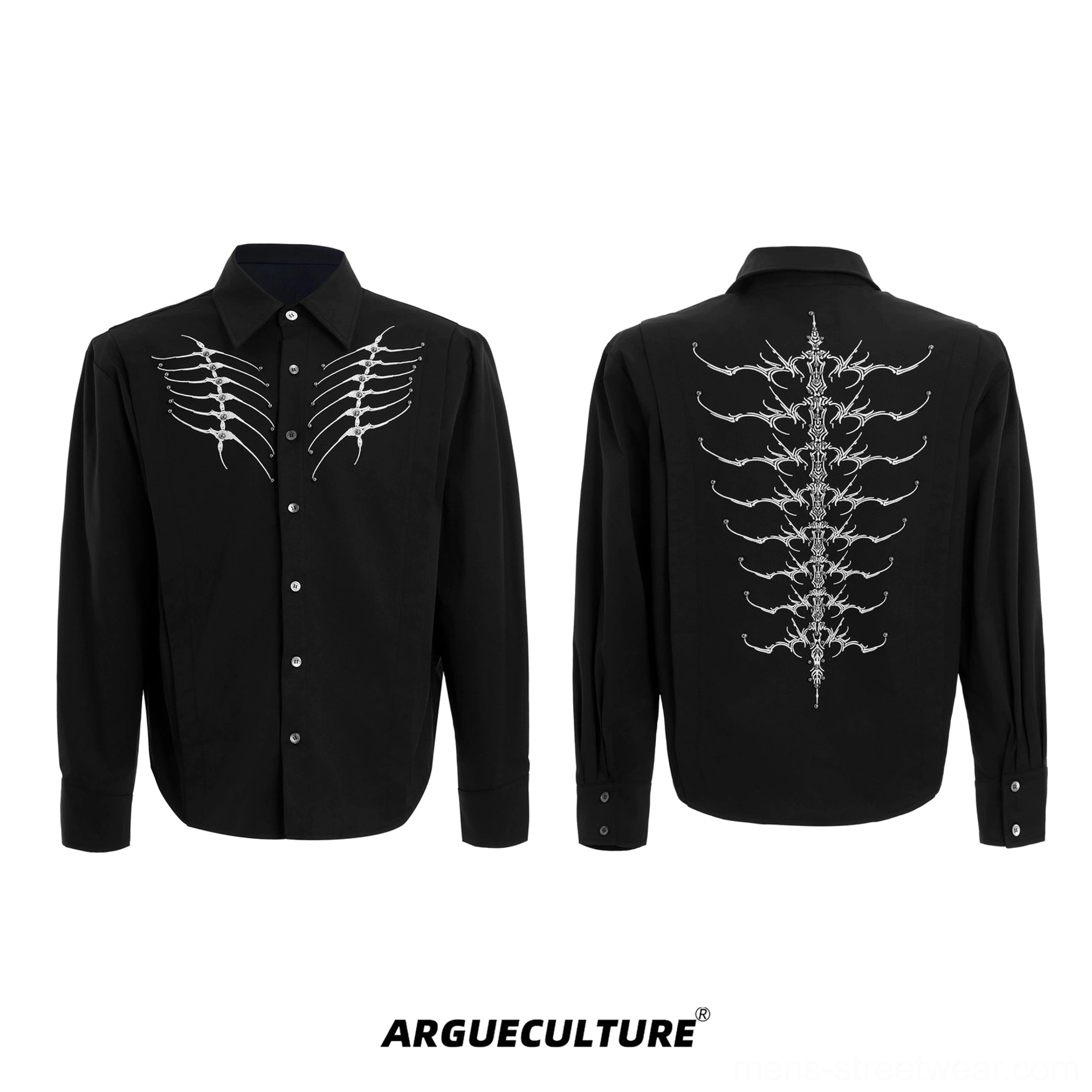 Relaxed skeleton embroidery button-up shirt designed for Korean fashion Acubi style and avant-garde streetwear outfits