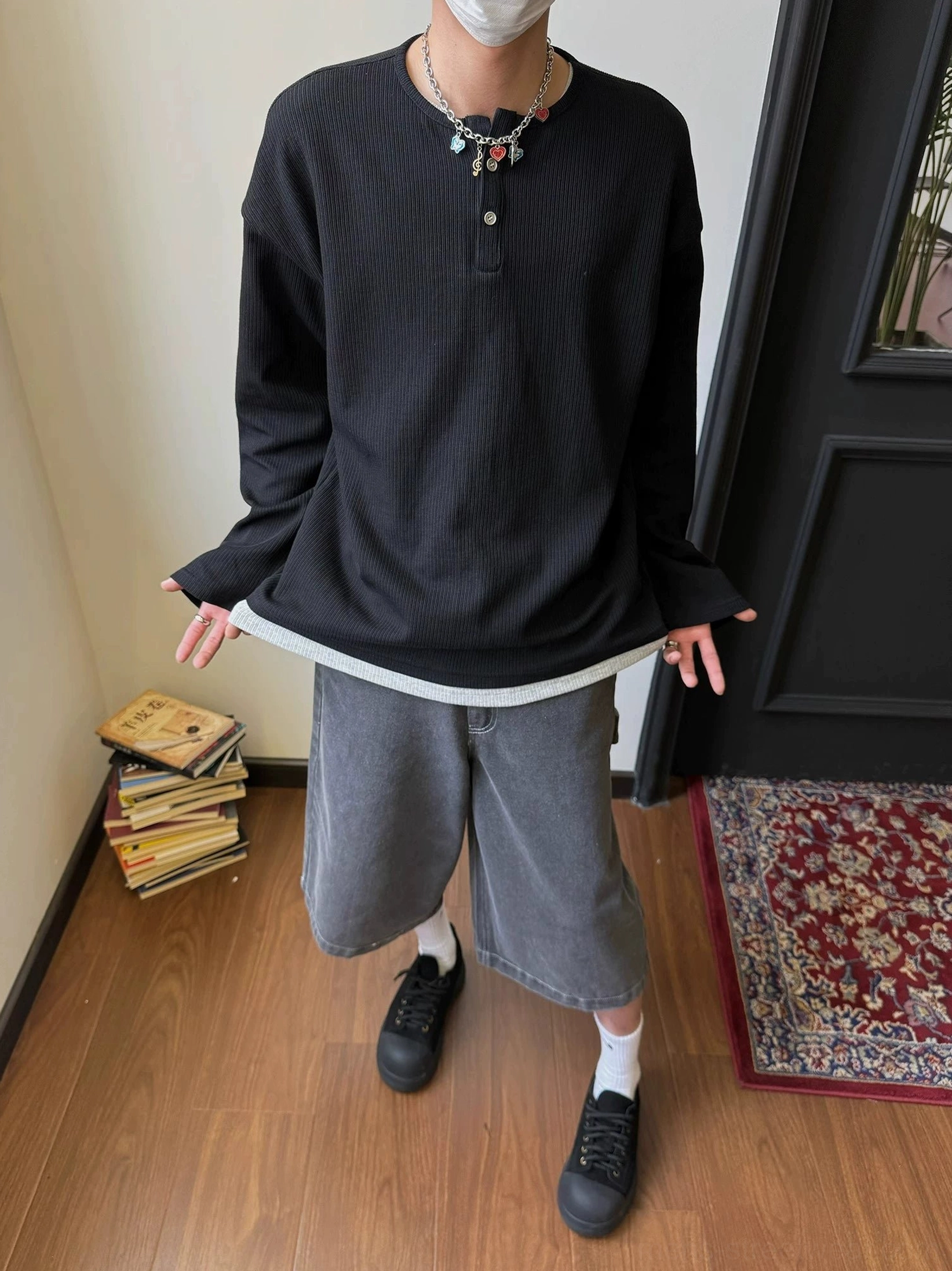 Relaxed unisex waffle knit Henley shirt with half-button collar for modern Asian streetwear outfits