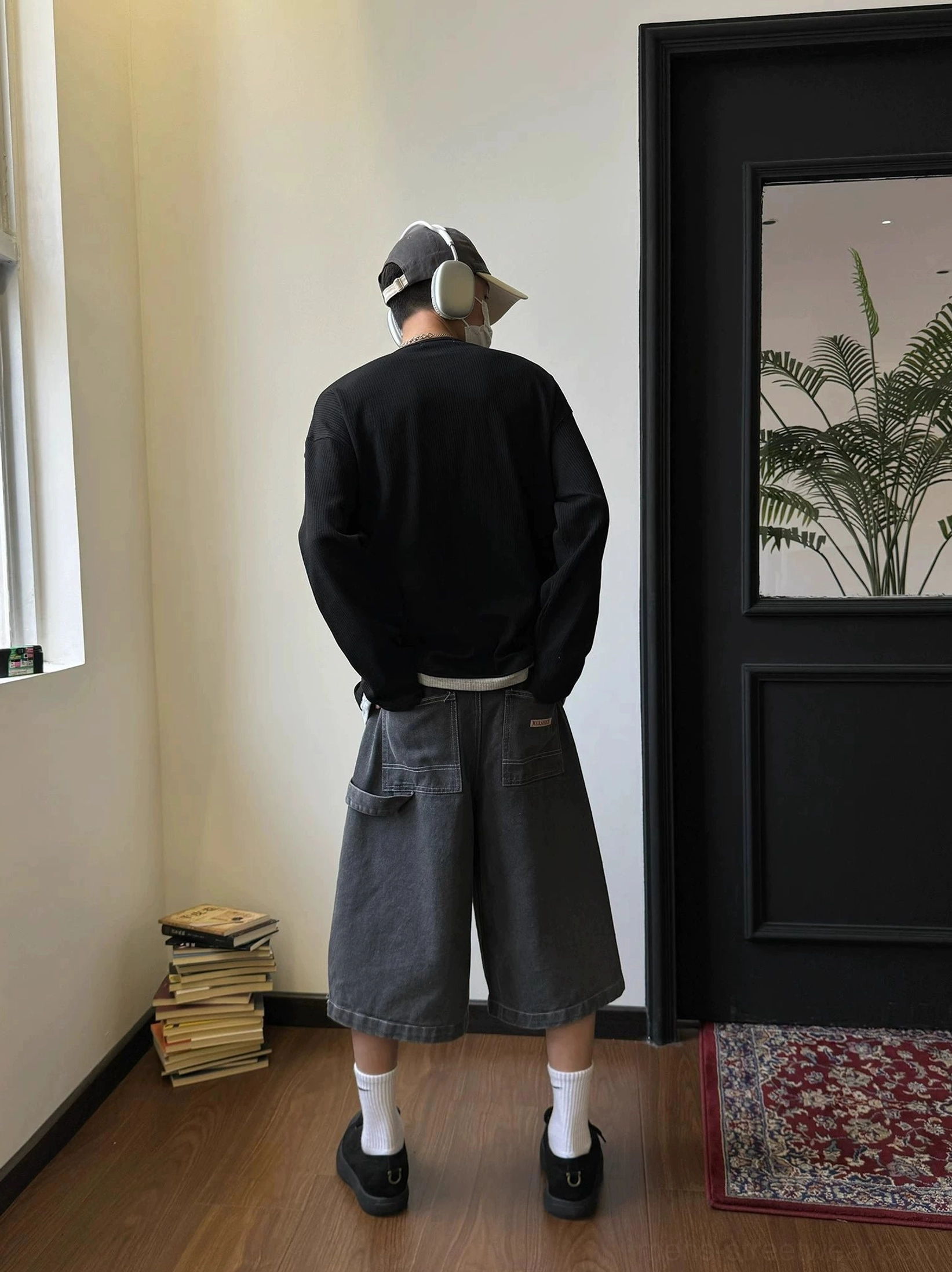 Relaxed waffle knit Henley shirt for unisex Seoul streetwear and casual layered outfits