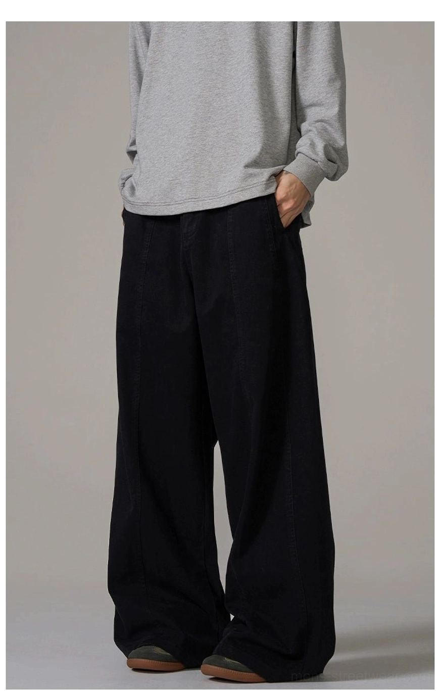 Relaxed wide-leg cotton trousers with central seam and contemporary East Asian streetwear styling